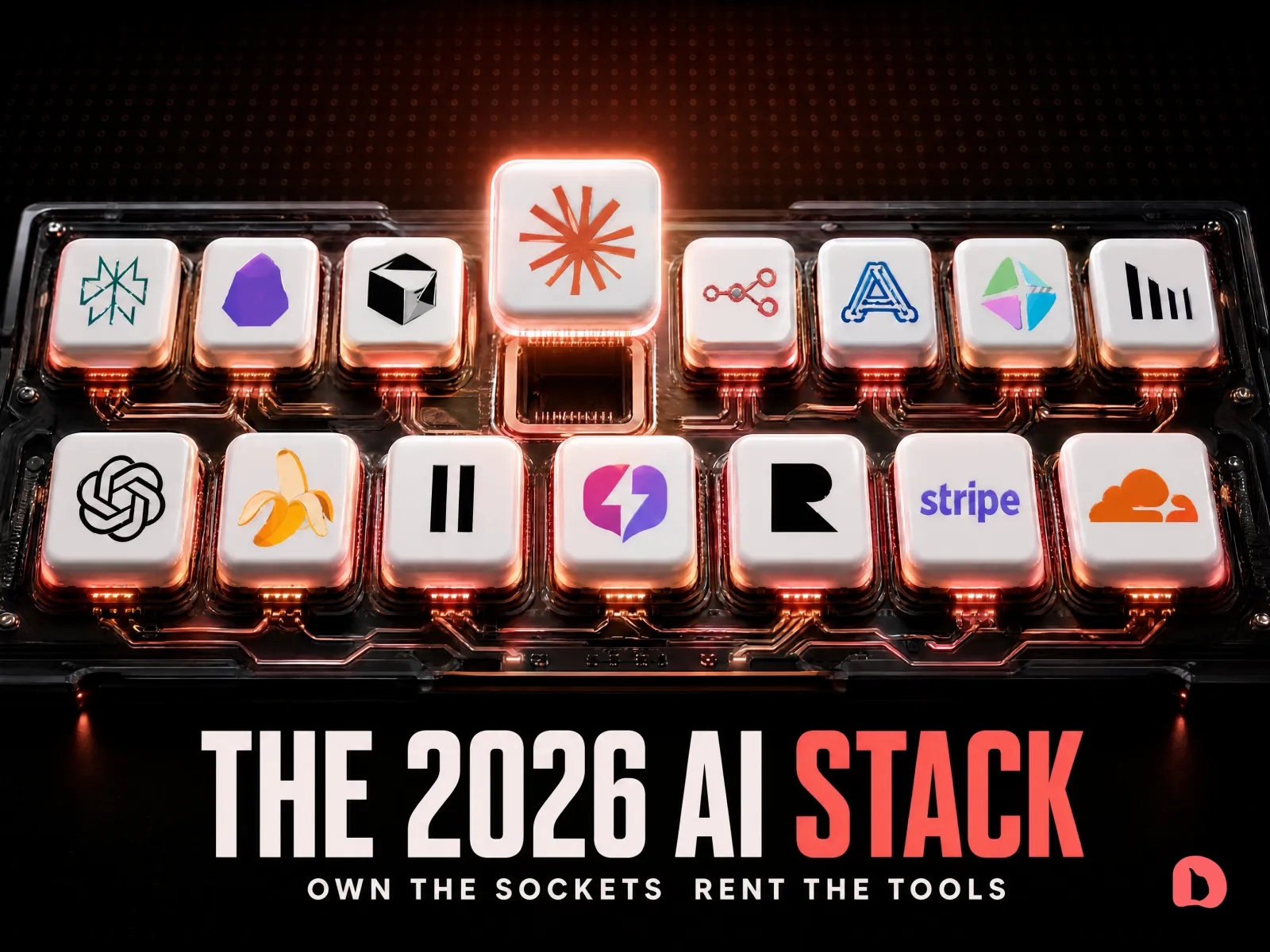 A premium 3D circuit-deck titled The 2026 AI Stack: fifteen glossy white app-chips carrying real AI-tool logos, seated in coral-lit sockets, with the coral Claude chip lifted out of its open socket as the hero