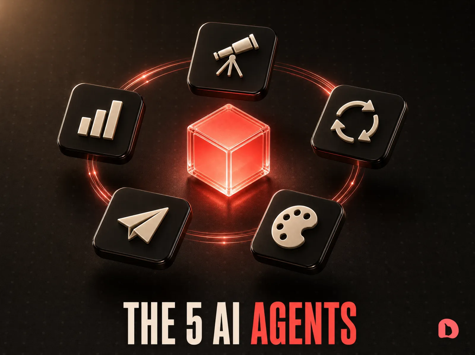 A 3D render of five glowing agent tiles arranged in a loop around a coral growth core, each tile carrying a small icon for scouting, content, design, publishing, and analytics