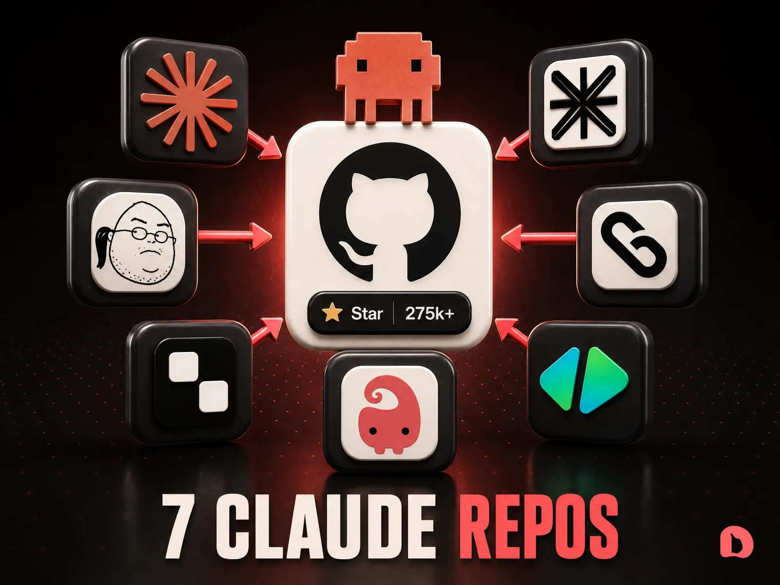 Seven glossy 3D app tiles in a row on dark ink, the Claude sunburst raised in the centre with the GitHub octocat beside it, captioned 7 CLAUDE REPOS with REPOS in coral