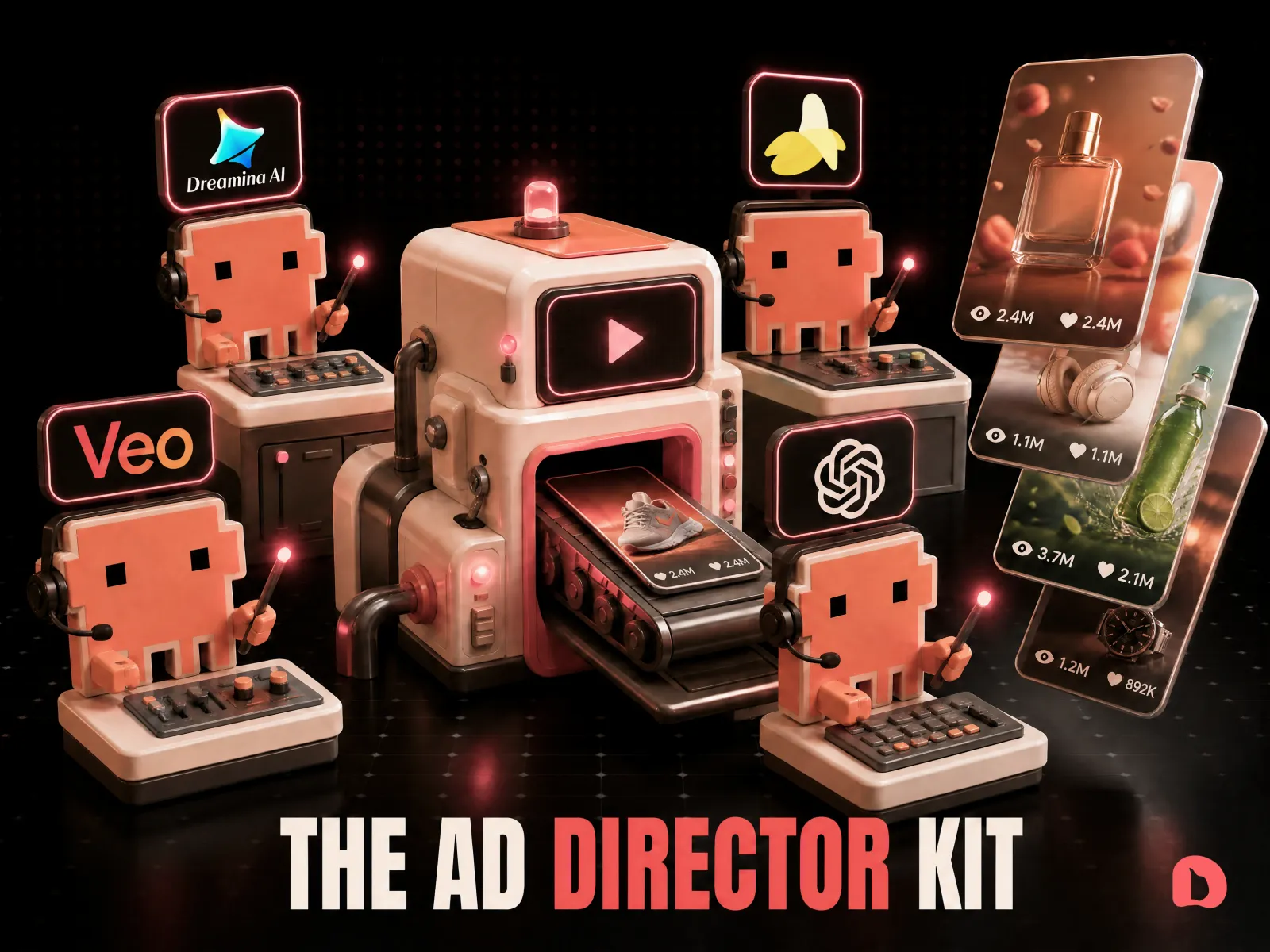 A 3D render of an open folder spilling its outputs, a phone playing a vertical Reel and a static product ad card floating out, with small Claude, KIE, and Seedance chips.