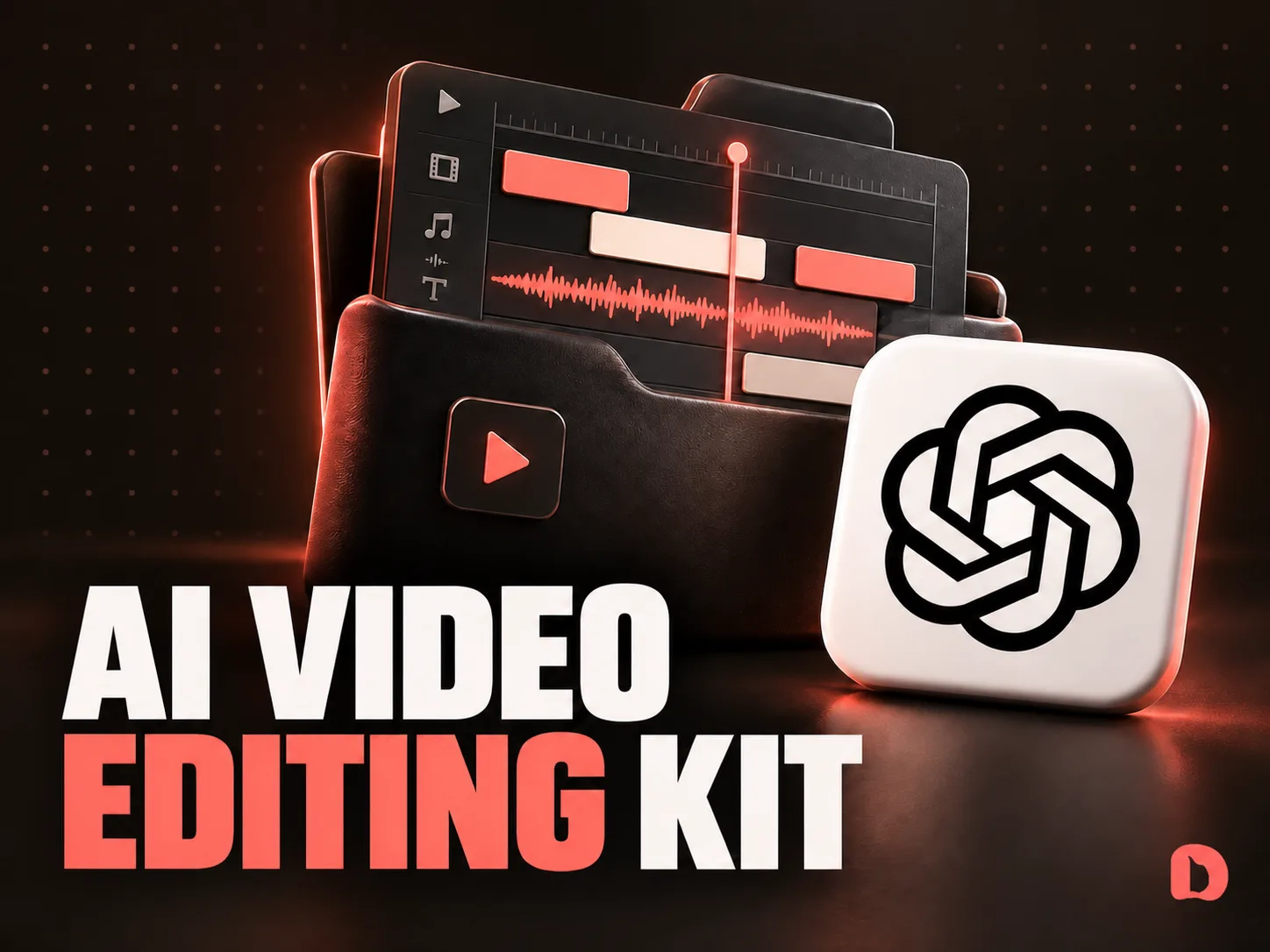 A three-dimensional editing workspace with a ChatGPT logo and the caption AI VIDEO EDITING KIT.