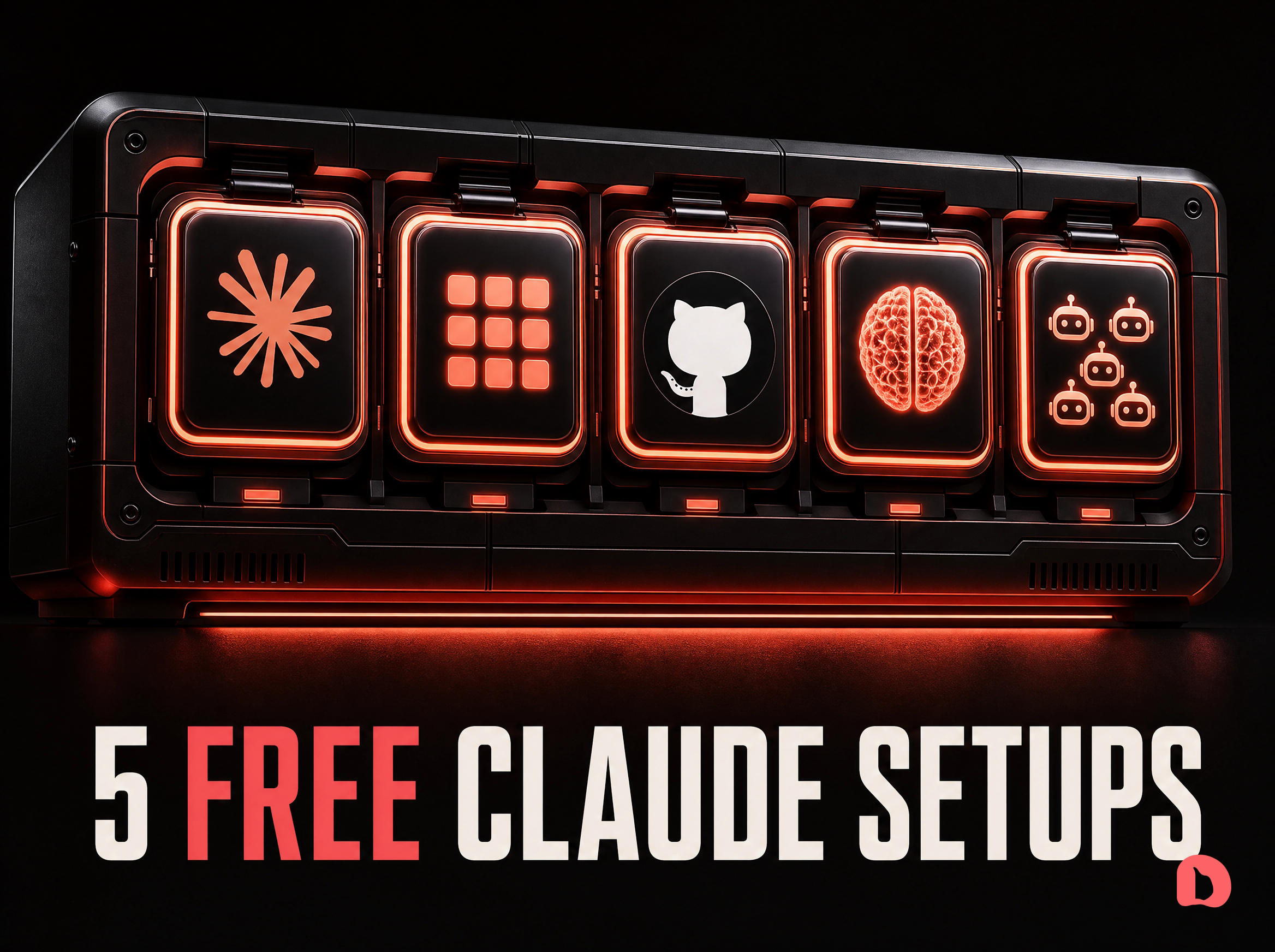 A dark 3D hardware rack with five coral-lit modules slotted side by side, carrying the Anthropic Claude starburst, a grid of skills, the GitHub octocat, a glowing memory core and a cluster of agent robots, captioned 5 FREE CLAUDE SETUPS with FREE in coral