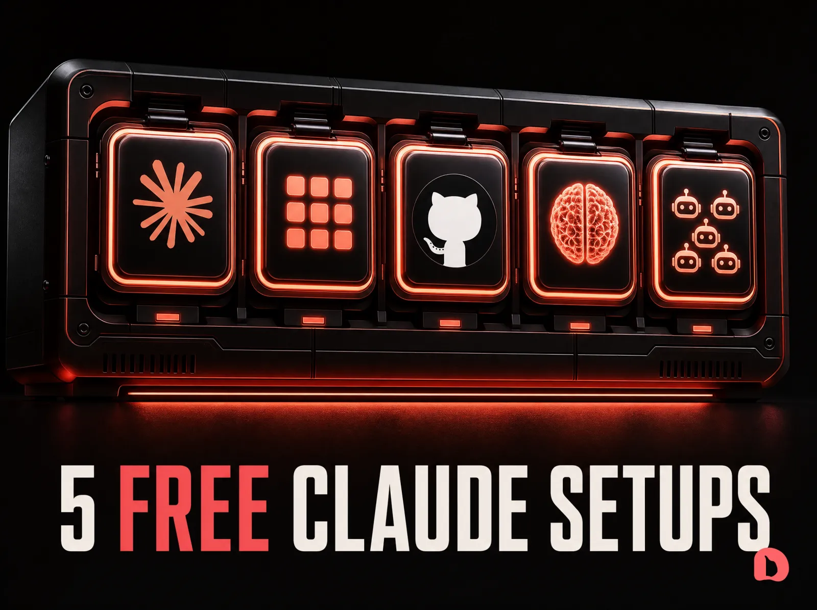 A dark 3D hardware rack with five coral-lit modules slotted side by side, carrying the Anthropic Claude starburst, a grid of skills, the GitHub octocat, a glowing memory core and a cluster of agent robots, captioned 5 FREE CLAUDE SETUPS with FREE in coral