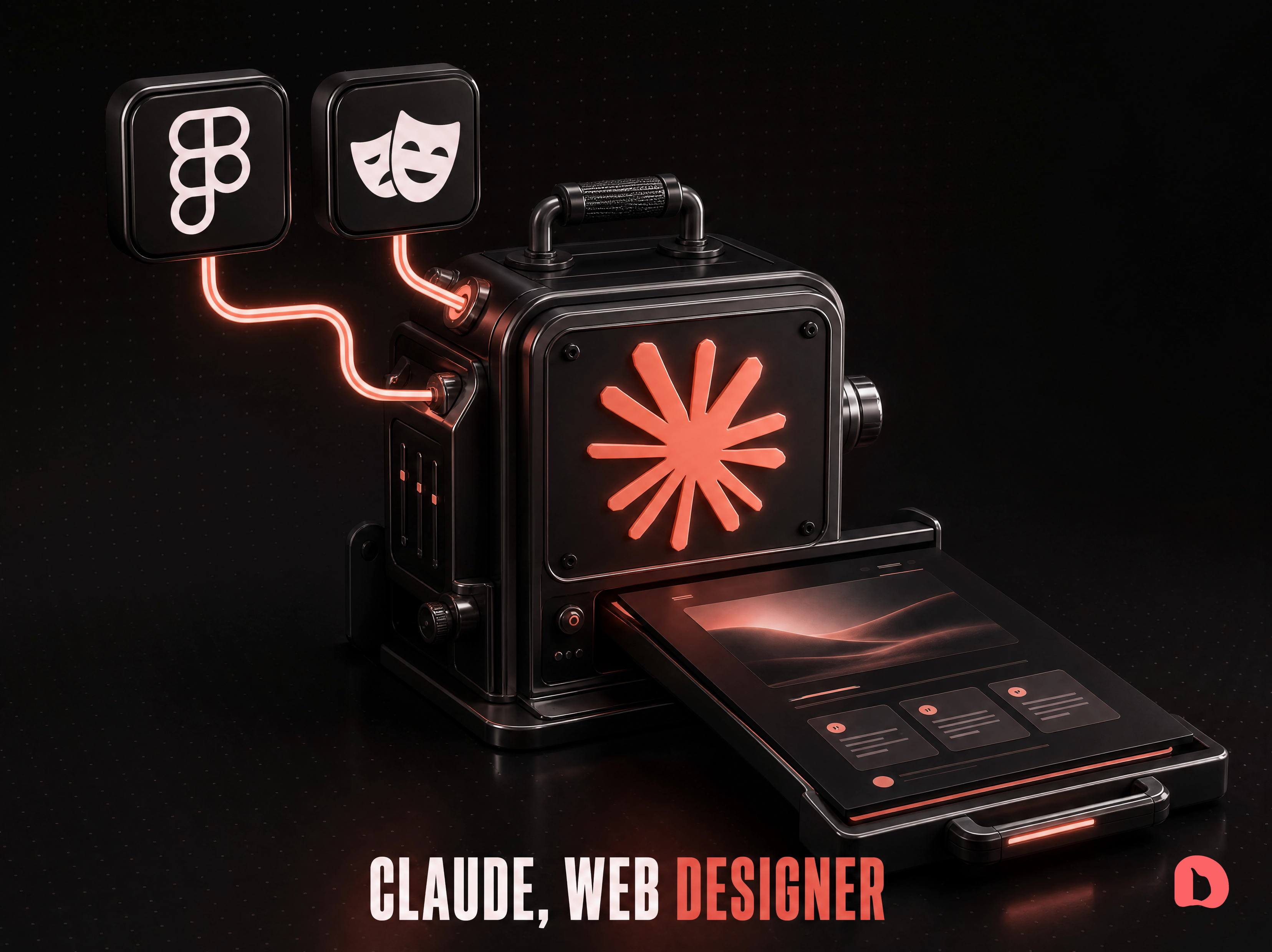 A dark 3D render of a designer's toolkit feeding into the Claude mark, with the Figma and Playwright logos on floating tiles and a beautiful finished webpage sliding out below, captioned CLAUDE, WEB DESIGNER with DESIGNER in coral