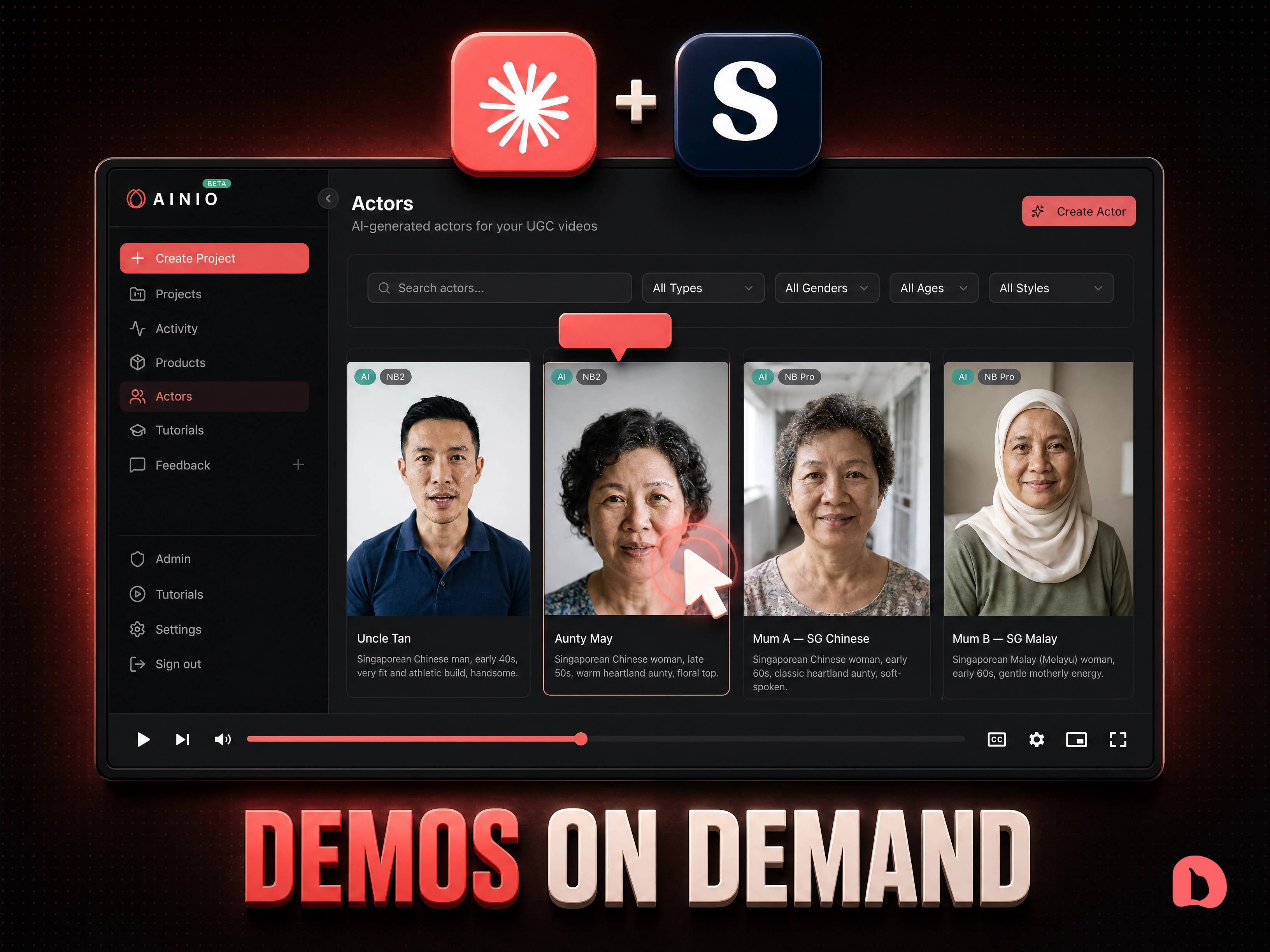 A dark 3D render of an interactive demo player showing a real product screen with an AI cursor mid-click, the Claude and Supademo logo chips floating above it, captioned DEMOS ON DEMAND with DEMOS in coral
