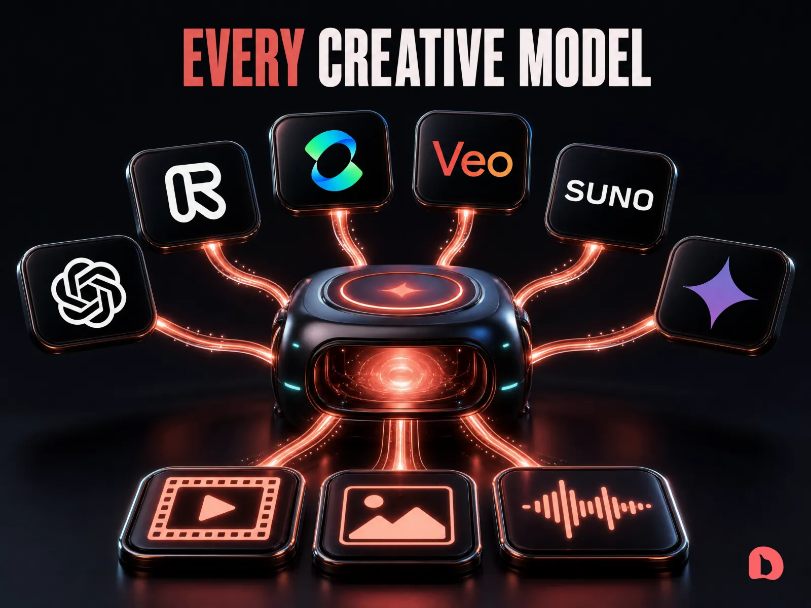 A dark 3D render of a generation machine hub with a glowing coral core, six real creative-tool logos (OpenAI, Runway, Kling, Veo, Suno, Gemini) on floating tiles feeding into it, and video, image, and music output tiles flowing out below, captioned EVERY CREATIVE MODEL with EVERY in coral