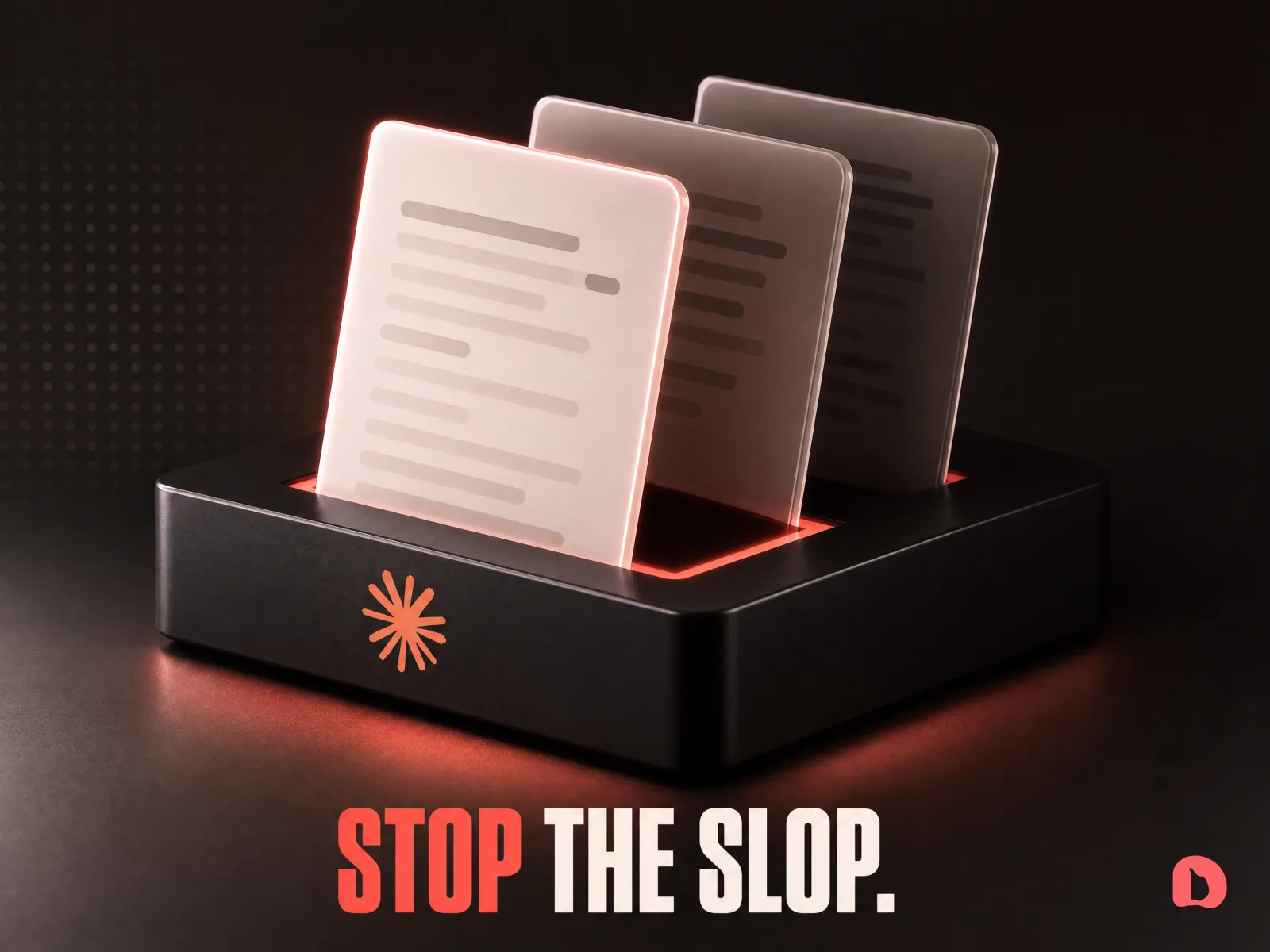 A dark 3D console with three coral-lit instruction cards slotted into it, carrying the Anthropic Claude starburst, captioned STOP THE SLOP with STOP in coral