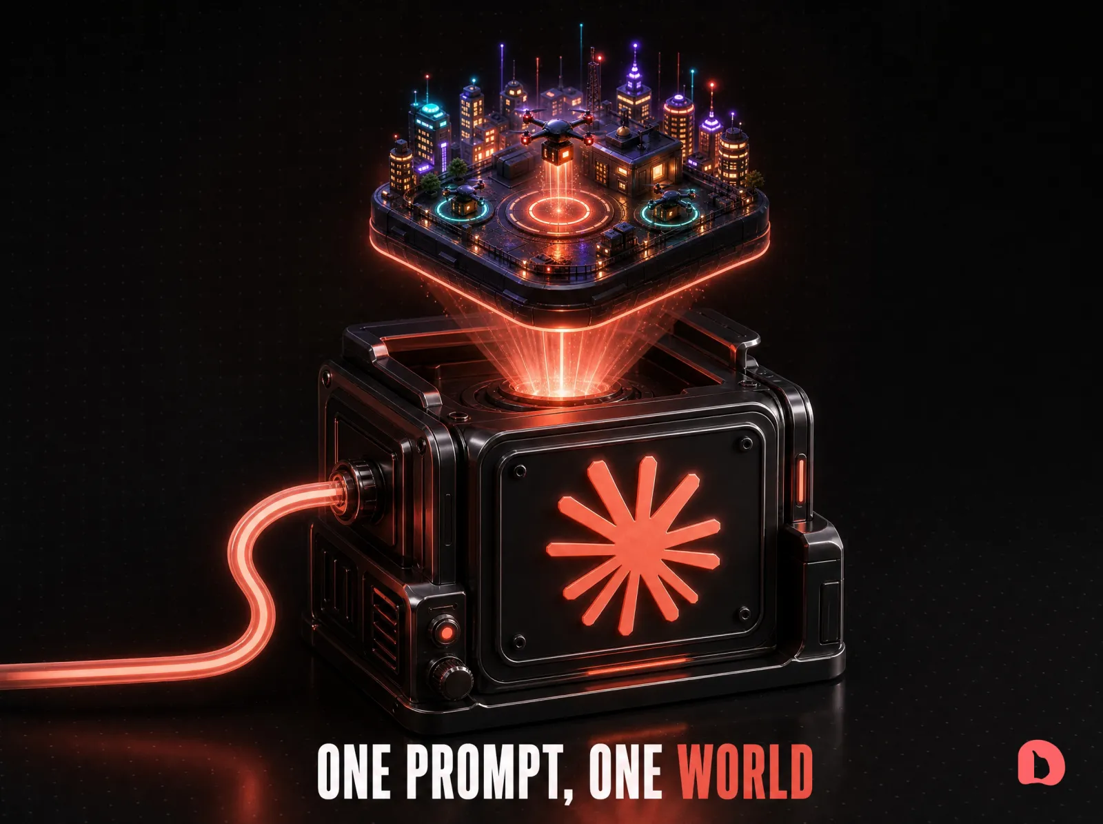 A dark 3D render of a chunky generator machine with the Claude starburst on its face, projecting a miniature neon world above it in a coral beam, captioned ONE PROMPT ONE WORLD with WORLD in coral