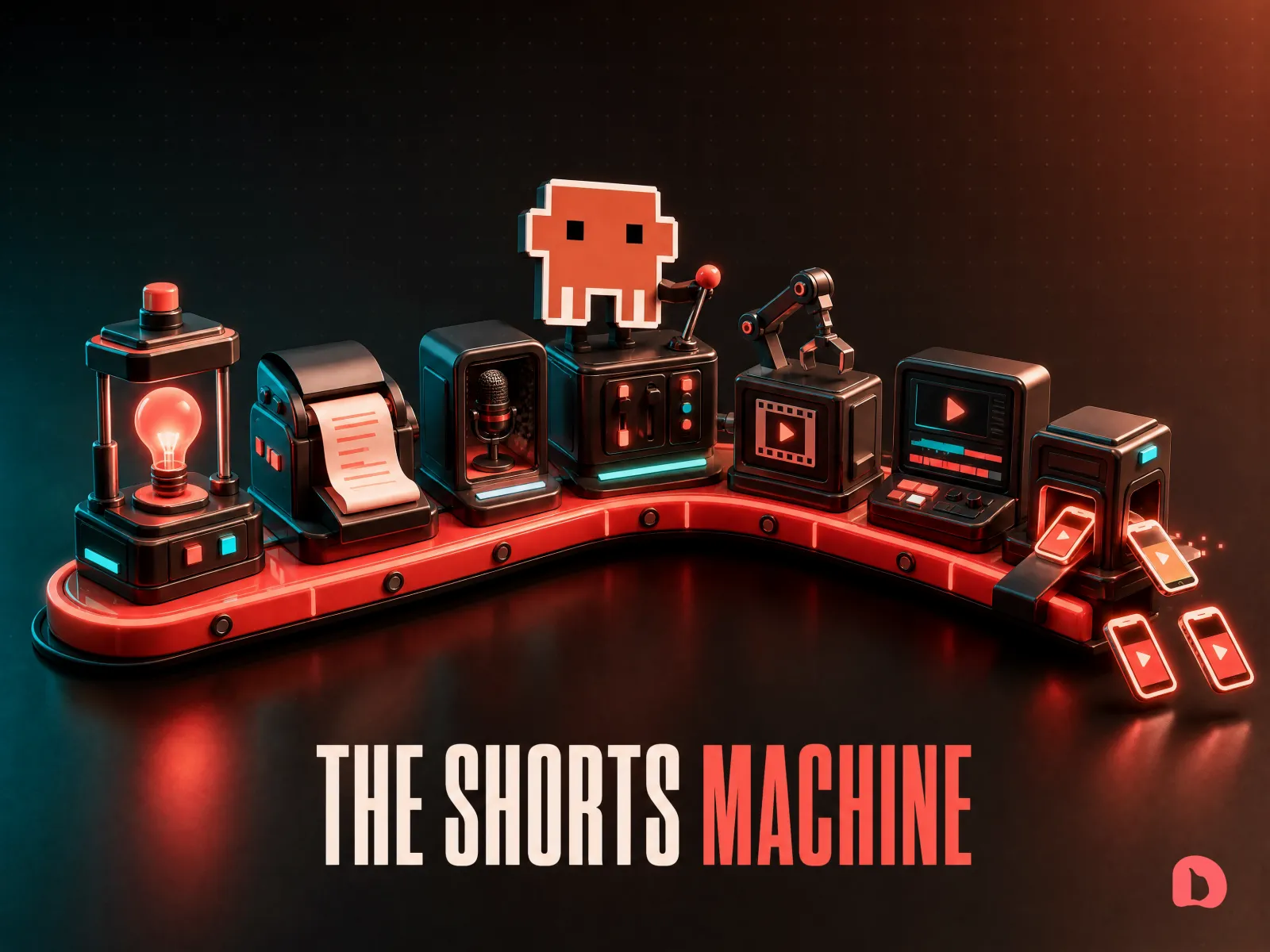 A 3D render of a glowing coral assembly line with six rising stations, the pixel Claude mascot operating it, on an ink-dark background lit in coral and teal